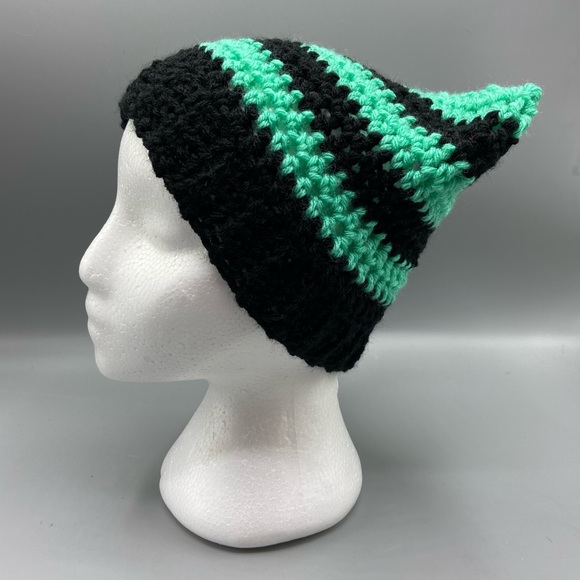 Cat beanie hat crochet handmade new kawaii black turquoise - Picture 3 of 7